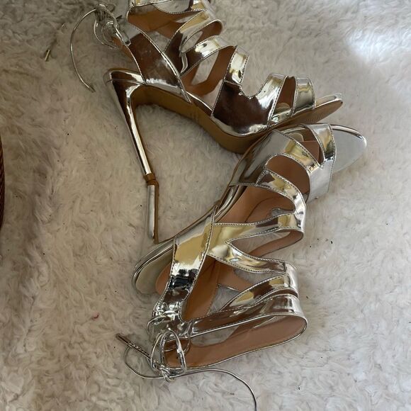 Herstyle Estrella patent metallic silver ankle straps sandals back lace size 11 - Picture 10 of 10
